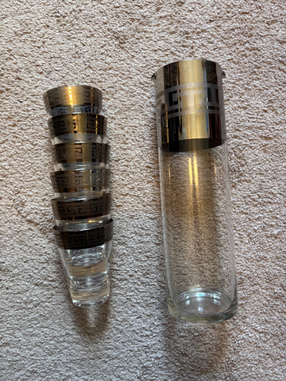 Glass Carafe and Tumbler Set with Silver Greek-Key Accent - Modern Tabletop
